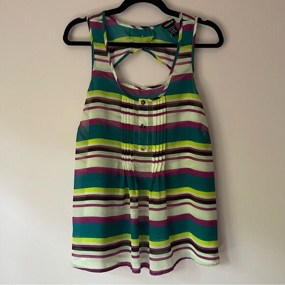 Torrid Chiffon Tank XL Green Stripe Scoop Neck Cutout Pintuck Button - Picture 1 of 7